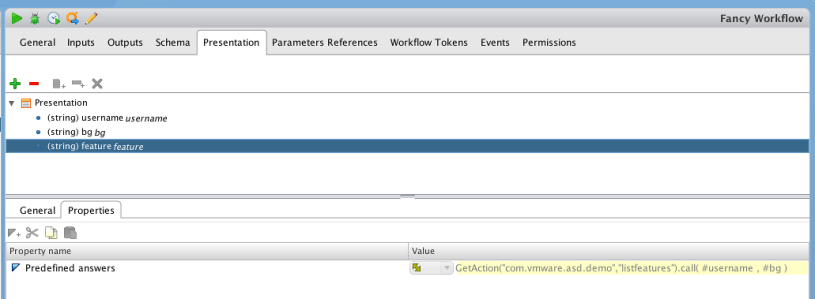 ASD request params vCO presentation binding